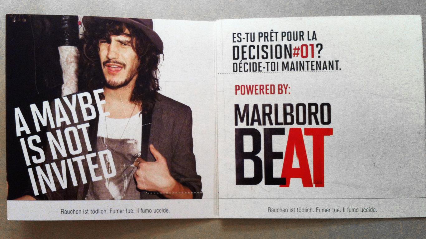 Invitación a un concierto de rock en Suiza promocionado por "Be Marlboro"