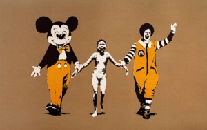 Folleto de la obra en alusión al consumismo exacerbado. Imagen original del artista Bansky. 